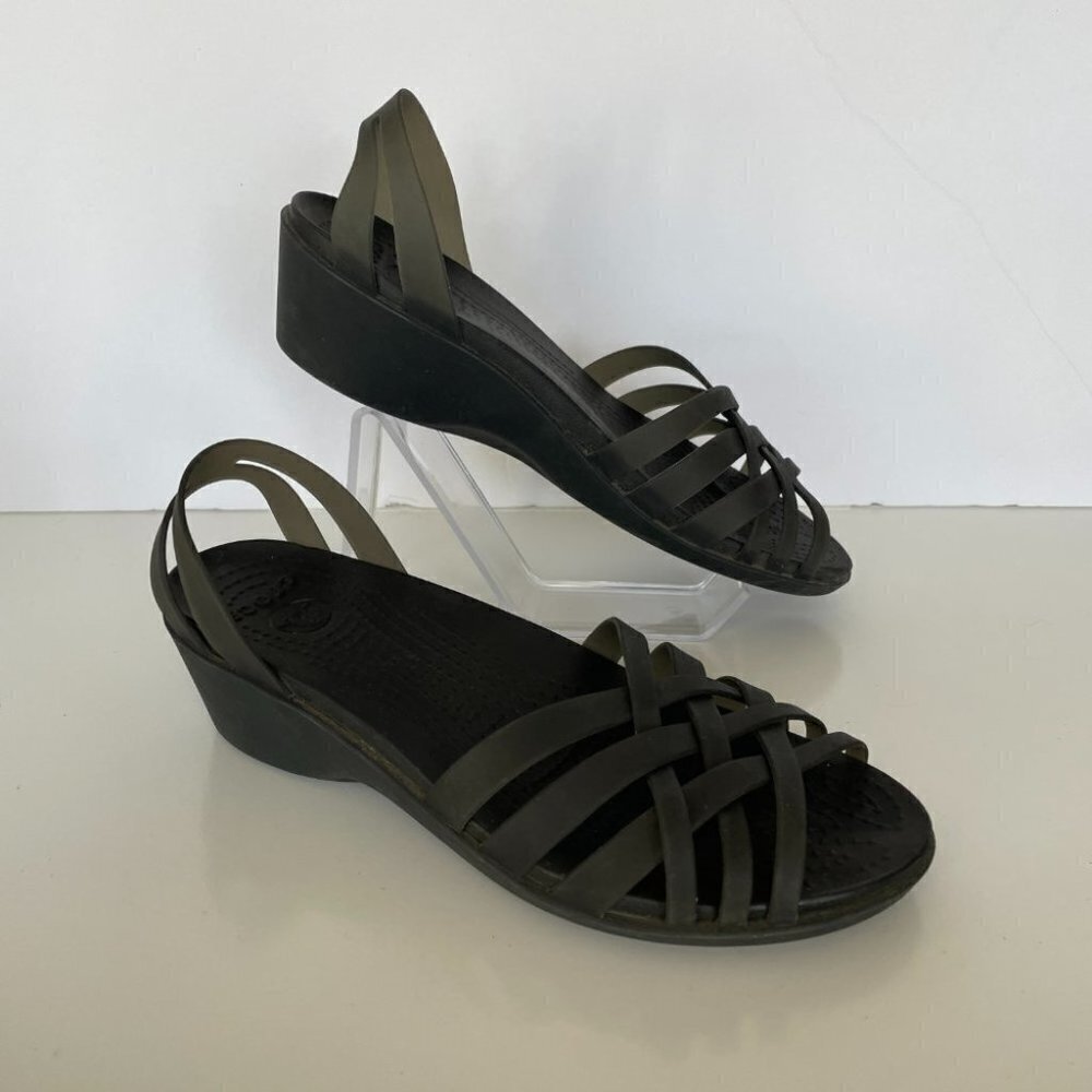 Crocs Huaranche Mini Wedge Sandals Strappy Slip-On Casual Black 8 - Picture 2 of 8